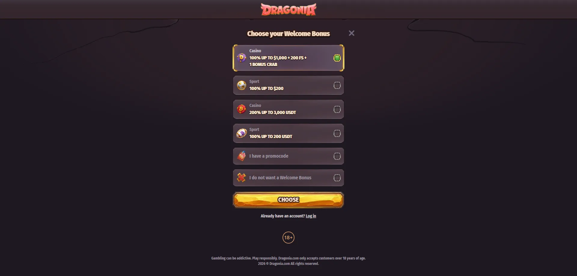 Dragonia Casino welcome bonus up to €500 plus 200 free spins